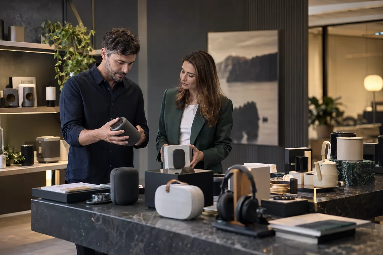 Supplier and retail buyer reviewing product samples